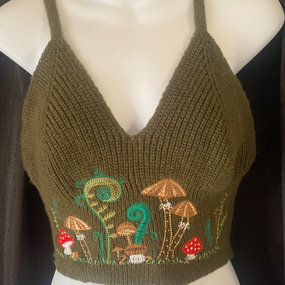 Forest Green Embroidered Knit Crop Top